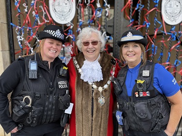 The Mayor of Pembroke Dock, Councillor Pamela George, and the local PCSOs enjoyed getting involved in the music video.